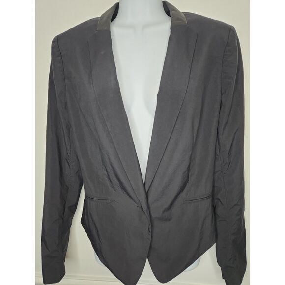 ANTHROPOLOGIE Rag & Bone Womens 6 Blazer Jacket Nylon -Leather Trim Button Black - Picture 1 of 11